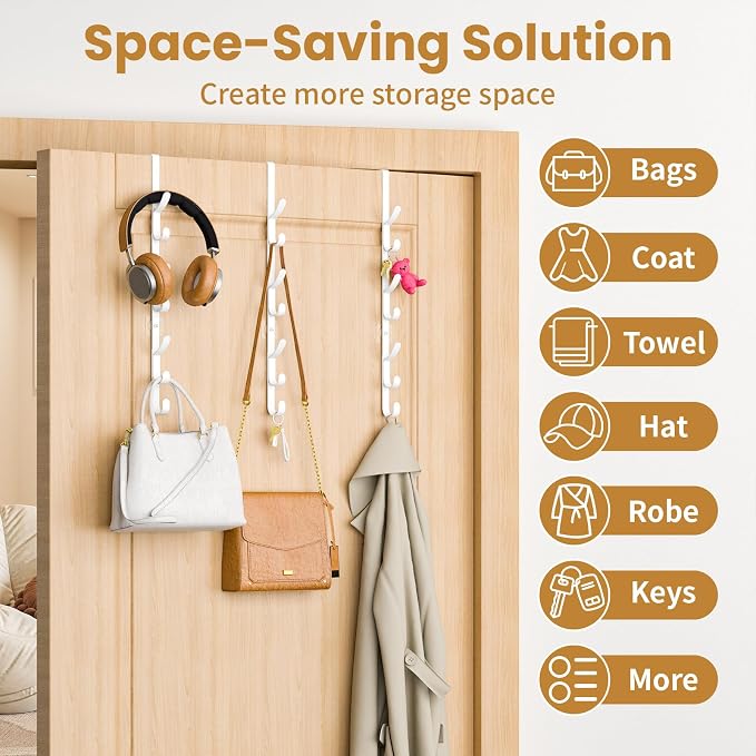 Over The Door Hooks, Metal Door Hooks for Hanging,Door Purse Organizer for Door Coat Hanger, Back of Shower for Hanging Towel Rack Clothes, Hat, Bathroom Bathroom Dorm Bedroom Closet (White-3Packs)