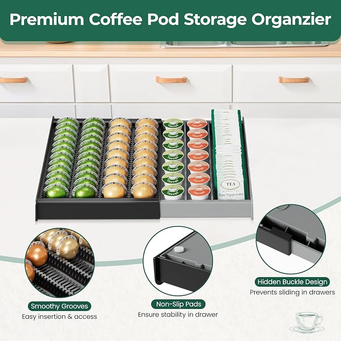 EsLuker.ly K Cup Coffee Pod Holder Organizer, Plastic Coffee Tea Drawer Insert for Counter, Expandable Storage Tray Compatible with Nespresso Vertuo Capsules, Customizable for Various Pod Sizes