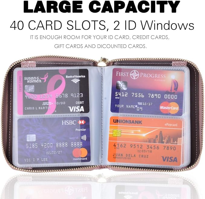 Easyoulife Womens Credit Card Holder Wallet Zip Leather Card Case RFID Blocking (Glitter Light Purple)