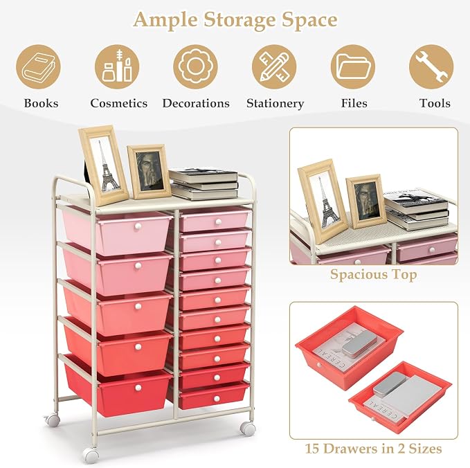 Moccha 15-Drawer Rolling Storage Cart - Under Desk Storage Drawers with wheels for Craft Art Supply Paper Salon, Scrapbook Paper Tools, Mobile Utility Cart for Classroom (15 Drawers, Gradient Pink)