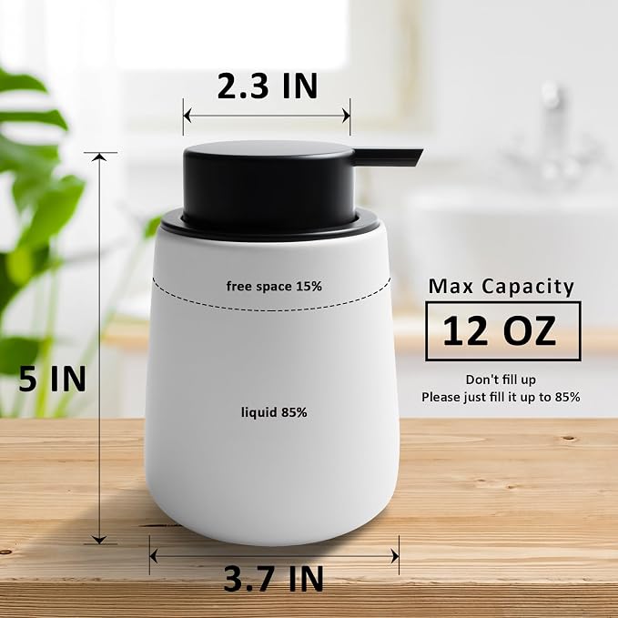 Soap Dispenser Ceramic with Easy-to-Press Pump Hand Lotion Liquid Dispenser for Shampoo Bathroom Kitchen 12 oz Blackwhite