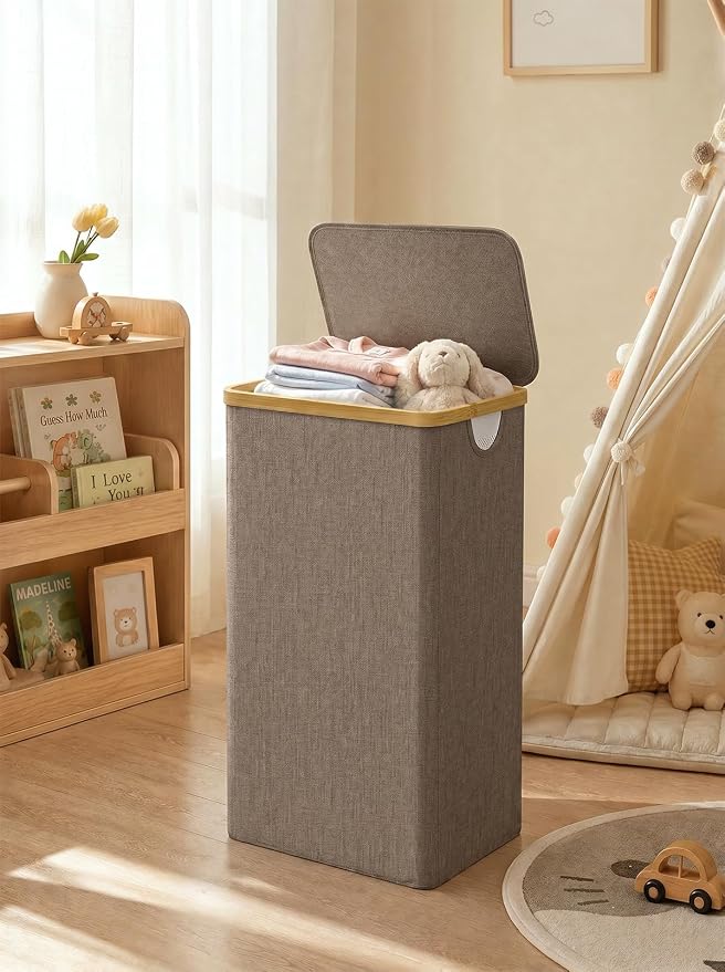 iEGrow Laundry Hamper with Lid, 110L Large Laundry Basket with Handle, Collapsible Clothes Basket Organizer with Removable Inner Bag for Clothes Towels -Brown