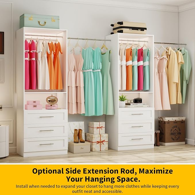 Closet System with 3 Drawers, 2-5FT Small Custom Closet Organizer System Shelving Wood with 2 Hanging Rods & Shelf, Walk-in Closet System Freestanding, Modular Closet Organizer System, White