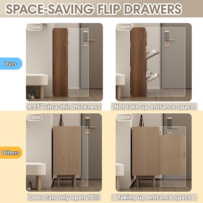 Rattan Shoe Storage Cabinet with 4 Flip Drawers & 2 Drawers, Freestanding Organizer for Front Door Entrance, Hidden Narrow Shoe Rack Cabinet Storage for Entryway, Walnut
