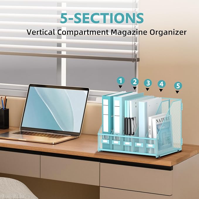 5 Vertical Compartments Magazine File Holder, Metal Binder Organizer, Blue | Space-Saving Desktop Storage, Built-In Label Holders, Anti-Slip Feet, Sized for Binders, Folders, Magazines and Files