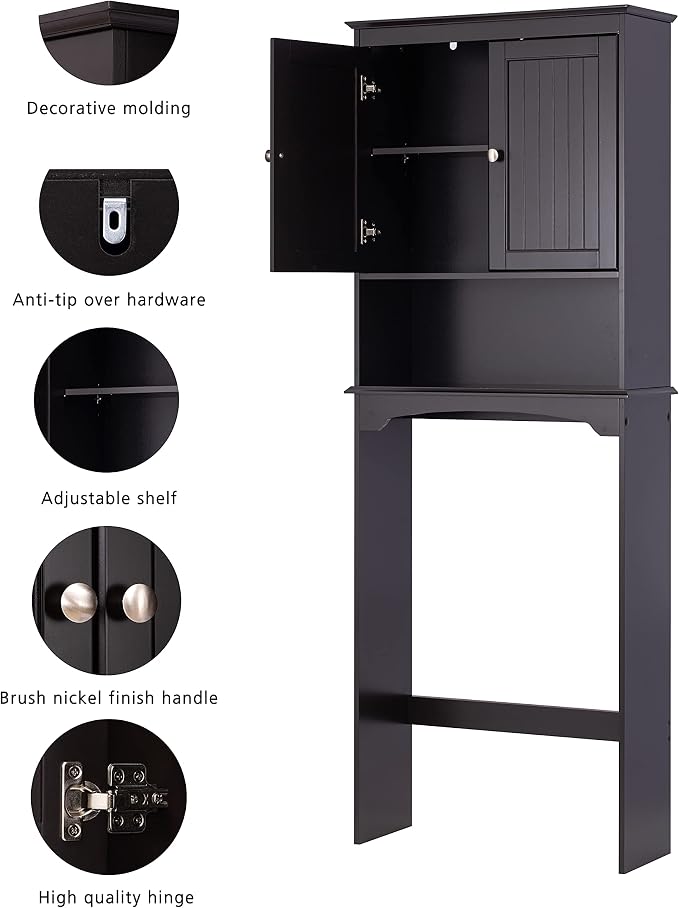 Spirich Over Toilet Storage Cabinet with Doors, Espresso Bathroom Organizer | FSC-Certified MDF, Raised Panel Doors, Adjustable & Open Shelves, Anti-Tip Mount, Fits Behind & Above Standard Toilets
