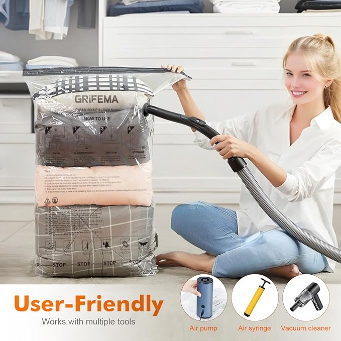 GRIFEMA GH83-8, 6 Pack Vacuum Storage Bags 100x80 cm - Reusable Space Saver Bags for Blankets, Duvets, Clothes, Seasonal Clothing & Travel Luggage Storage