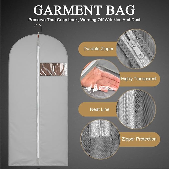 2Pcs Garment Bags Covers, 65Inch Hanging Clothes Bag, Suit Cover Bags with Clear Window for Hanging Closet Clothes Storage and Travel (2, Gray, 65 inch)
