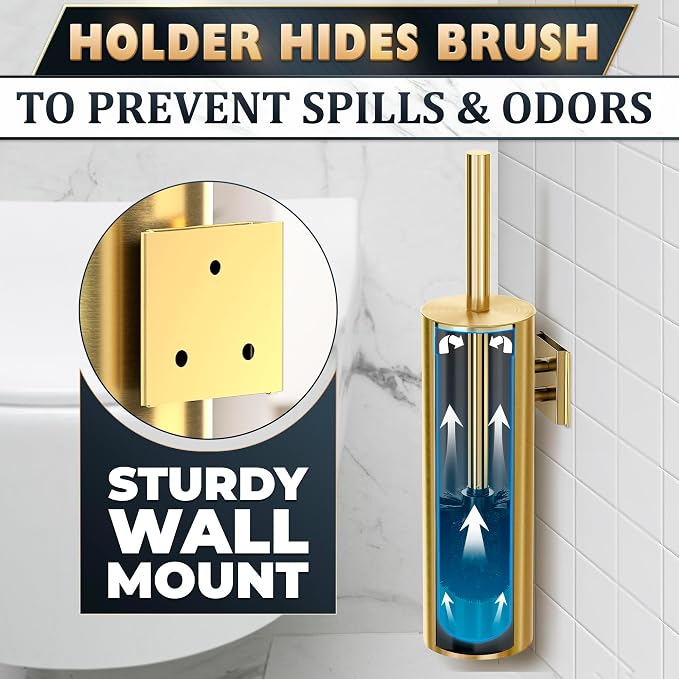 Wall Mounted Toilet Brush and Holder Set, Stainless Steel (Gold) | Wall Mount Toilet Brush Cleaner and Holder Set, Rust & Corrosion Resistant, Splash Guard, Dense Bristles, for Bathroom Decor