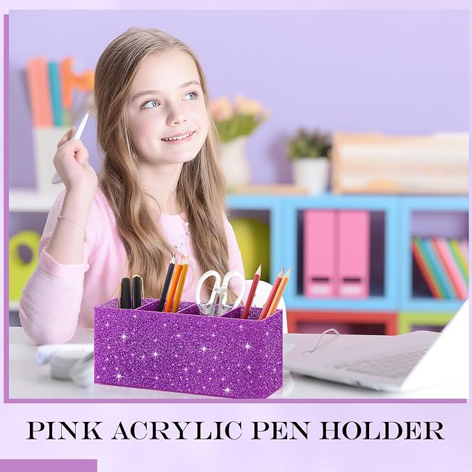 Jetec Acrylic Glitter Purple Pen Holder 4 Compartments Bling Makeup Brush Stationery Organizer Pencil Holder for Desk Accessories Sparkly Gifts for Women Back to School Birthday Desktop Office