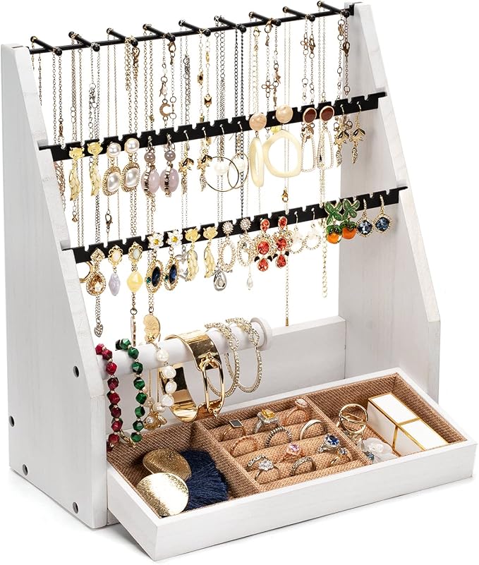 DGWJSU Earring Organizer, 5 Layer Earring Holder Organizer with Necklace Holder, Rustic Wood Jewelry Organizer Stand Display for Stud Earring Bracelet Necklace Ring, Watches