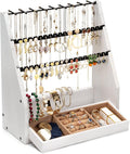 DGWJSU Earring Organizer, 5 Layer Earring Holder Organizer with Necklace Holder, Rustic Wood Jewelry Organizer Stand Display for Stud Earring Bracelet Necklace Ring, Watches
