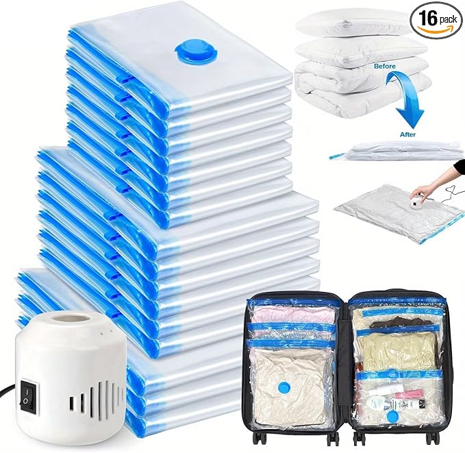 16pcs Vacuum Compression Bags with Electric Pump, Vacuum Seal Storage Bags Space Saver Travel Size for Storage for Luggage, Vacuum Storage Bags for Clothes, Bedding, Pillows, Quilts, Blankets