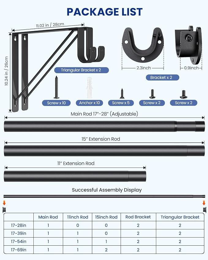 Supforce Adjustable Closet Rod with Triangular Brackets, 17-28in, Black | 1.3in Metal Closet Rod Supports Up To 150 lb, Heavy Duty Rod Reduces Sagging and Mount Securely for Wardrobes Closet Laundry