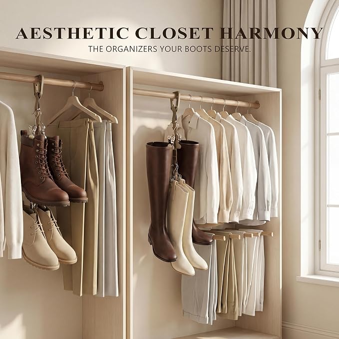 WVX Boot Hangers for Closet (2 Pack) - Vertical Boot Storage Organizer with 8 Non-Marking Clips for Hanging - Adjustable Strap Holder for Tall Boots, Over The Knee & Riding Boots