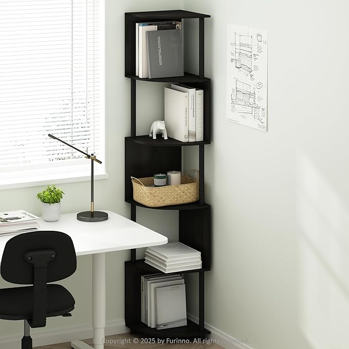 Furinno Basic Book Shelf, 5-Tier Bookshelf, Bookcase with Zigzag Corner Shelf, 14.2 x 14.2 x 71.2, for Living Room, Bedroom, Home Office, Amber Pine/Black