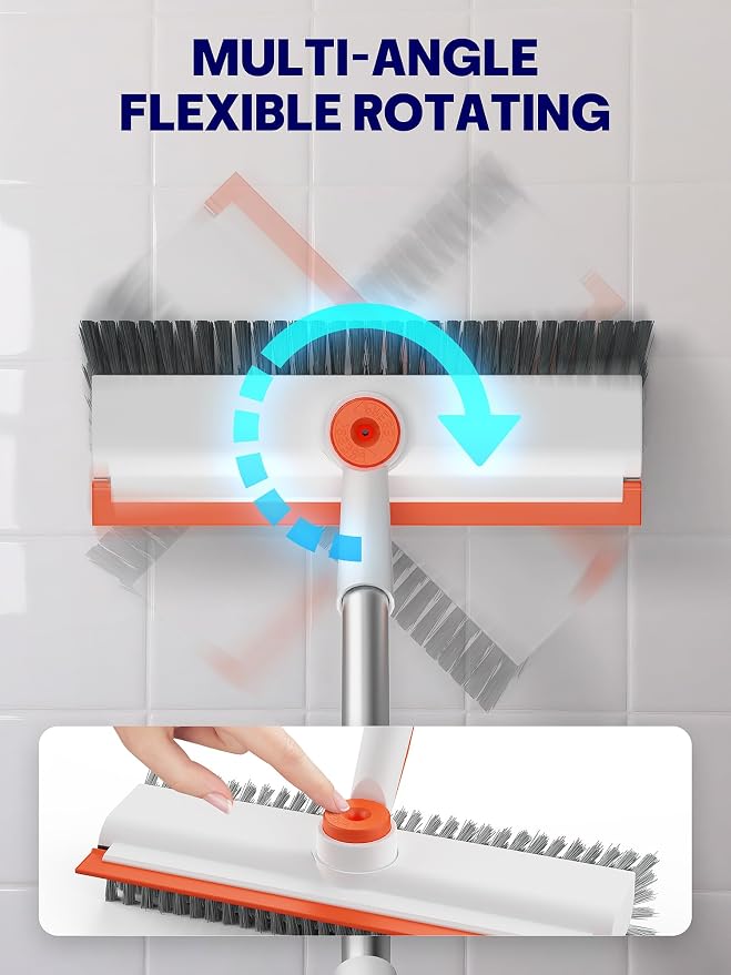 Floor Scrub Brush with Long Handle, 3 in 1 Scrape and Heavy-Duty Stiff Bristle Floor Scrubber Brush with Squeegee and Tweezer for Cleaning Tile Wall Deck (Orange and White)