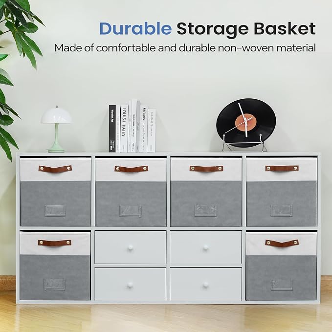 FinishingBo 13 inch Storage Bins with Labels 6 Pack | PU Leather Handles, Foldable Storage Cubes, Storage Baskets, Closet Storage, White/Dark Grey
