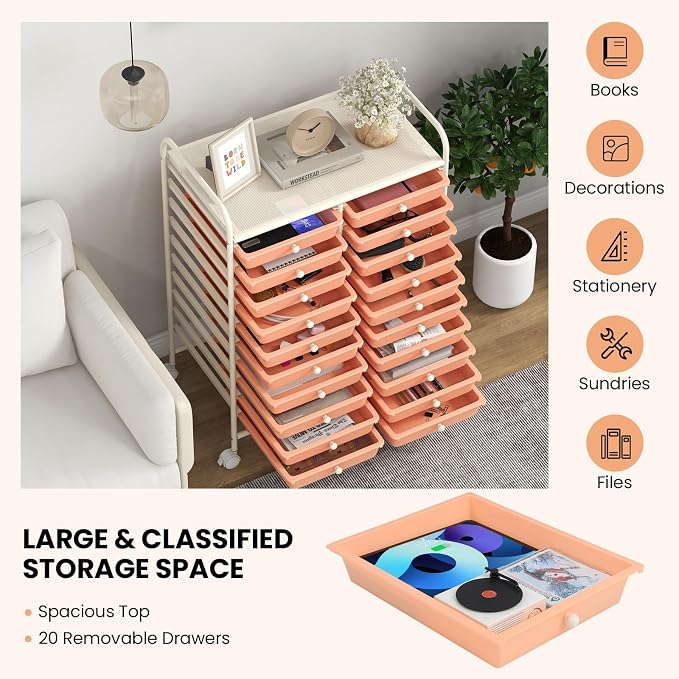 LDAILY 20-Drawer Rolling Storage Cart, Rolling Storage Cart, Storage Organizer on Wheels, Metal Frame, Scrapbook Paper Tools, Suitable for Office School, Classroom (Peach, 20 Drawer)