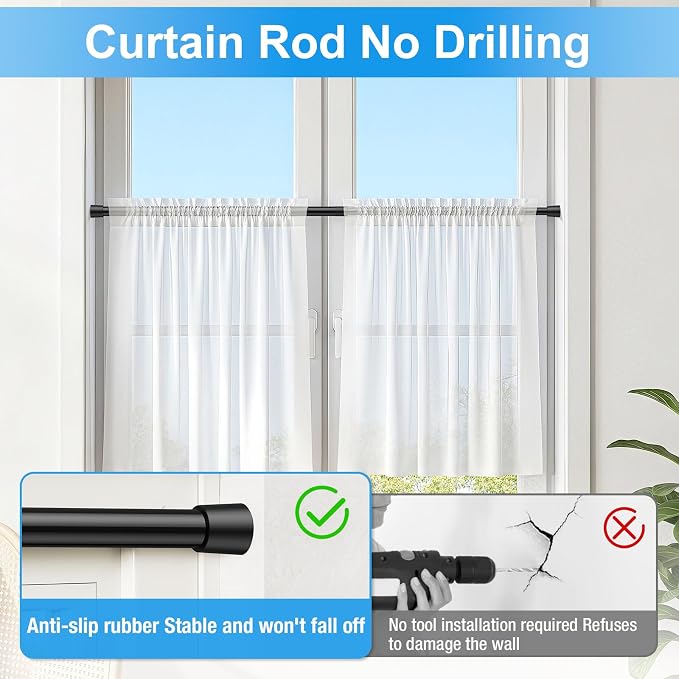 2 Pack Spring Loaded Tension Rod 27-38" Adjustable Curtain Rods No Drill Extendable Spring Rod Tension Curtain Rods For Window Kitchen Shelves Rv Refrigerator And Small Spaces,Black