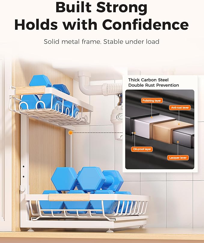 Sevenblue 3 Pack Under Sink Organizer, Multi-Purpose 2 Tier Pull-Out Metal Under Kitchen Sink Organizer, Height Adjustable Storage Shelves for Kitchen Bathroom Cabinet (White)