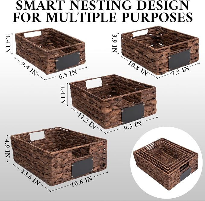 Set of 4 Sizes Hand-Woven Pantry Shelf Baskets, Hyacinth Storage Baskets with Chalkboard Labels & 2 Chalk Markers, Wicker Nestable Basket Set for Organizing Pantry Kitchen Laundry Shelves (Brown)
