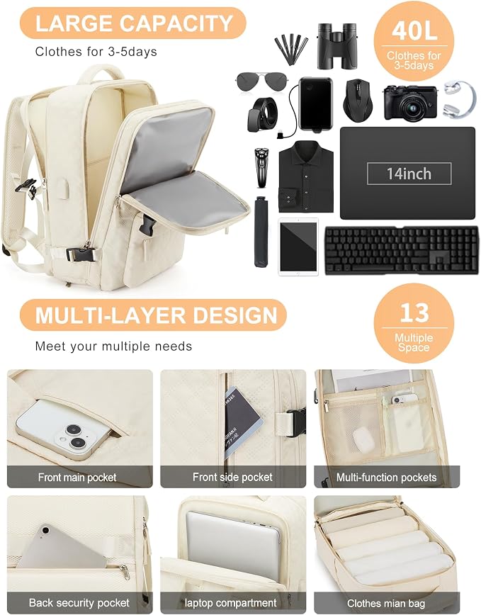 WONHOX Travel Carry On Backpack for Women, Waterproof Laptop Backpack for Traveling on Airplane Hiking Gym Backpack with USB Charging Port Shoe Compartment, Beige