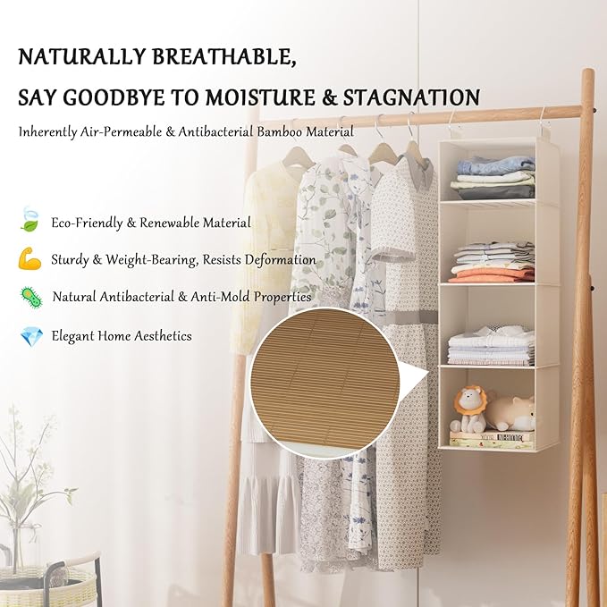 VERONLY Hanging Closet Organizer and Storage with Bamboo Shelves - Foldable Storage for Clothes, Towels, Accessories | Space Saving, No Assembly Needed (Beige)