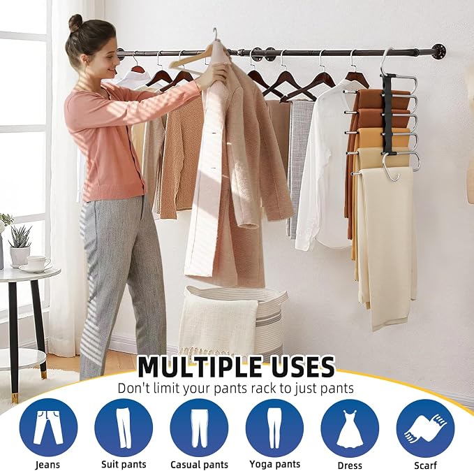 DAMITA Pants Hangers Space Saving - 2 Pack 5 in 1 Layers Stainless Steel Metal Jeans Hangers - Black Closet Organizers and Storage Anti-Slip Design for Pants Skirts Scarf Legging