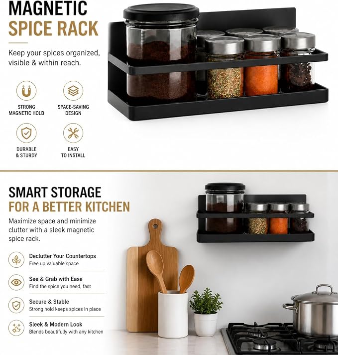 Magnetic Spice Rack Set of 2, Wall Mount or Refrigerator Organizer, Black Matte Steel Kitchen Shelf, Strong Magnetic Back, Drill or No-Drill Installation, Space Saving for Kitchen Organization