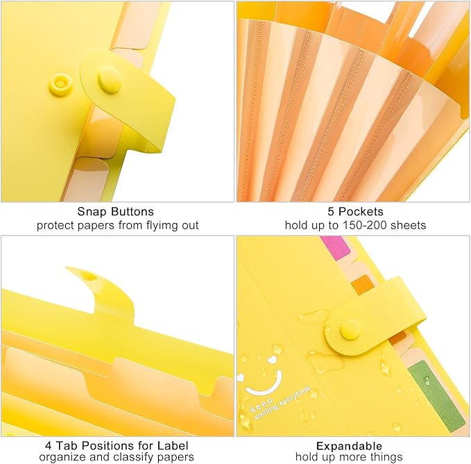 Forvencer Accordion File Organizer, Letter Size, 5 Pocket Expanding File Folder, Cute File Folder with Labels, Portable File Organizer for School Office Supplies, Folders for Documents, Bright Yellow