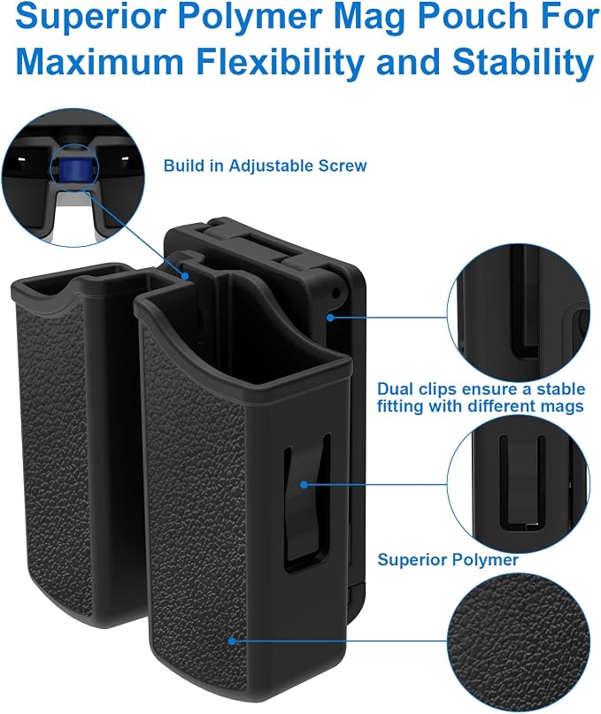 Universal Double Magazine Holder - Lightweight and Durable Double Magazine Pouch for 9mm/.40/.357/.380 Calibers, Adjustable Mag Pouch for Glock, Taurus, Beretta, Sig, H&k, Cz, S&w, Colt (Belt Clip)