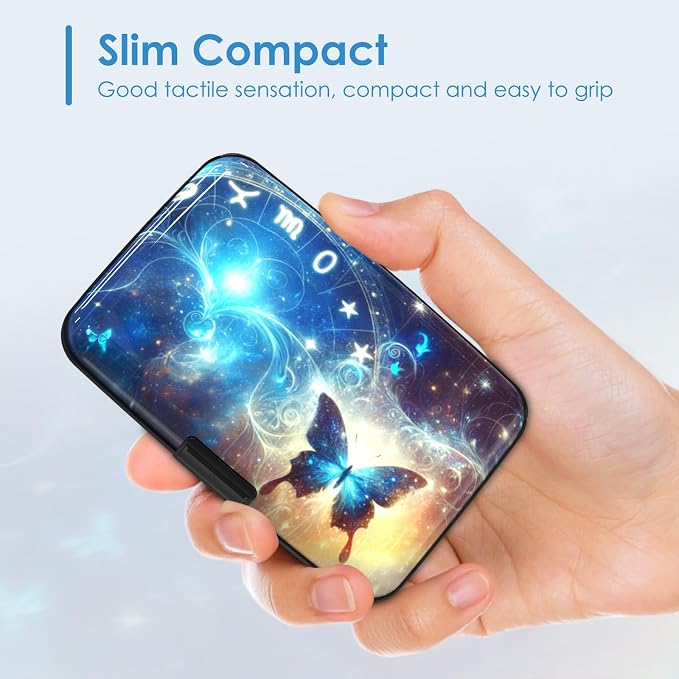 RFID Blocking Credit Card Protector, Blue Butterfly Aluminum ID Case Hard Shell Business Card Holders Metal Wallet for Men or Women