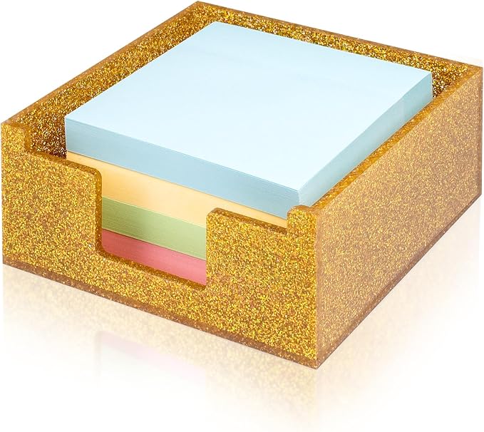 Acrylic Sticky Note Holder 4x4in Tray for Desk, Gold Glitter | Sparkling glitter acrylic tray, fits 3x3 sticky notes, compact organizer for office school and home