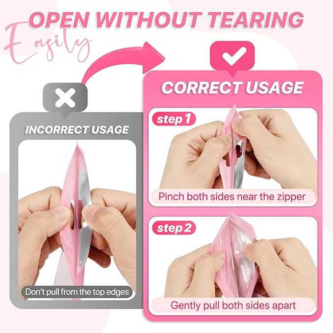 100 PCS Pink Resealable Mylar Bags with Frosted Clear Window Packaging Bags Foil Pouch Zipper Bag for Food Self Sealing Storage Supplies 5.51x7.87