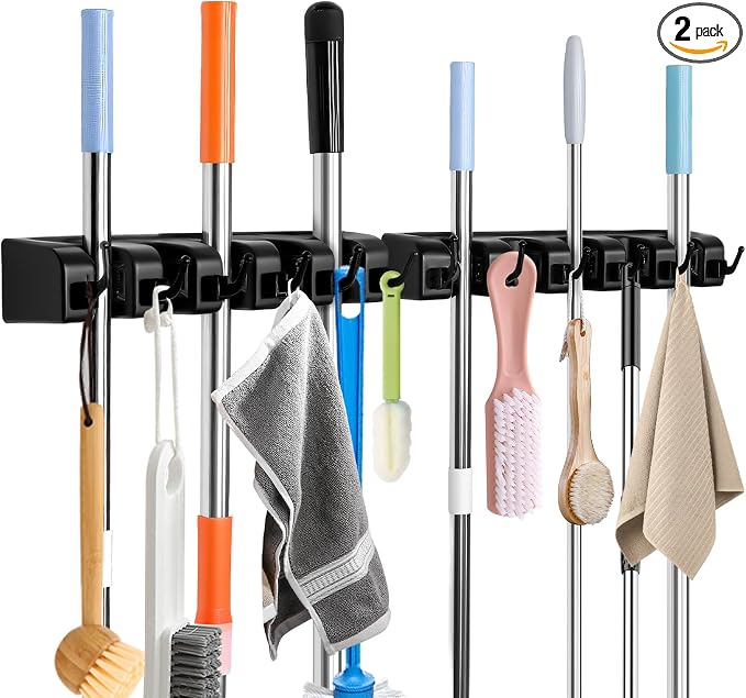 InPoTo Broom and Mop Holder, Wall Mounted Organizer Storage Tool Rack with 5 Ball Slots and 6 Hooks (2 Pack)