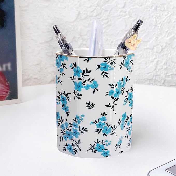 Pen Holder, Makeup Brush Holder Ceramic Shiny Gold Spring Floral Pattern Pencil Cup for Girls Kids Women Durable Stand Desk Organizer Storage Gift for Office, Classroom, Home (Teal Blue)