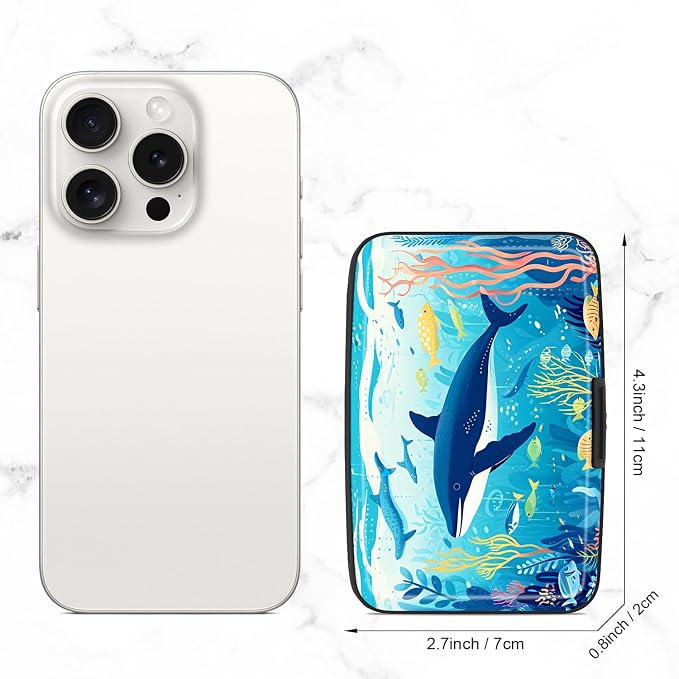 Credit Card Holder, Mini Aluminum Card Wallet RFID Blocking Slim Metal Hard Card Case for Women Men, Whales