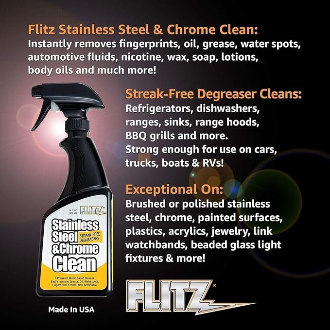 Flitz Stainless Steel & Chrome Clean - 16oz Bottle, USA-Made Stainless Steel Cleaner Spray for Appliances - Grill, Fridge, Sink Stain Remover - Also Works on Aluminum Surfaces (1 Pack)