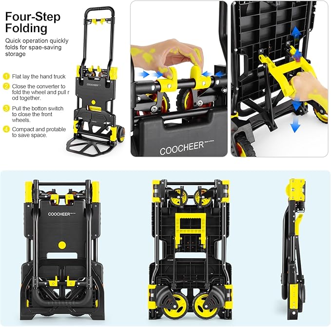 330LB Folding Hand Truck Heavy Duty Carrying, Combination of Four Wheels and Two Wheels Convertible Dolly Cart with Retractable Handle Dolly for Moving Office Carts(Yellow)