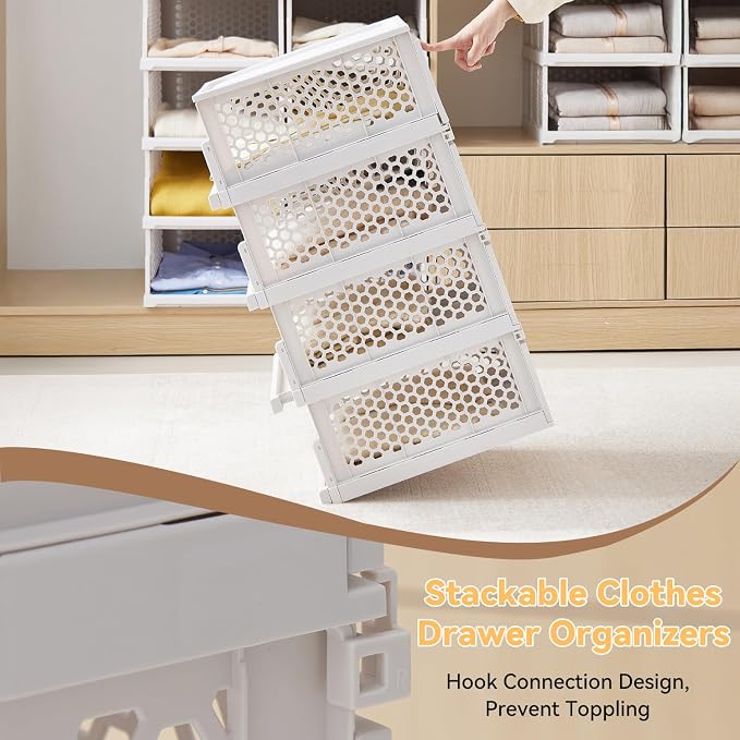 Pull-out Plastic Storage Basket with a Lid,Stackable Closet Organizers Drawer Anti-Tipping,Stable Shelf Container for Bathroom Laundry Room Storage, Space-Saving Clothes Storage (White Gray, L-4 pack)