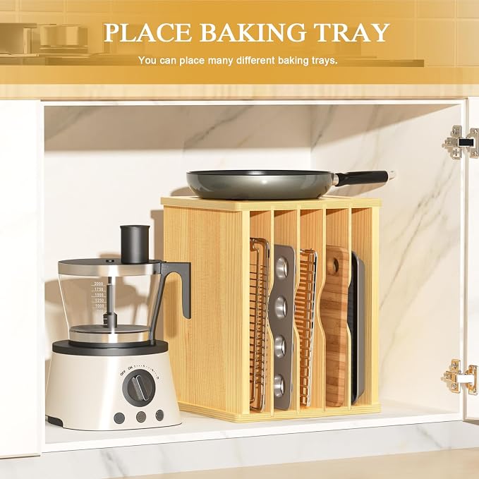6 Tier Wooden Tray Dividers for Cabinets, Cookie Sheet Organizer for Cabinet, Vertical Tray Dividers for Storing pans, Baking trays, Cutting Board
