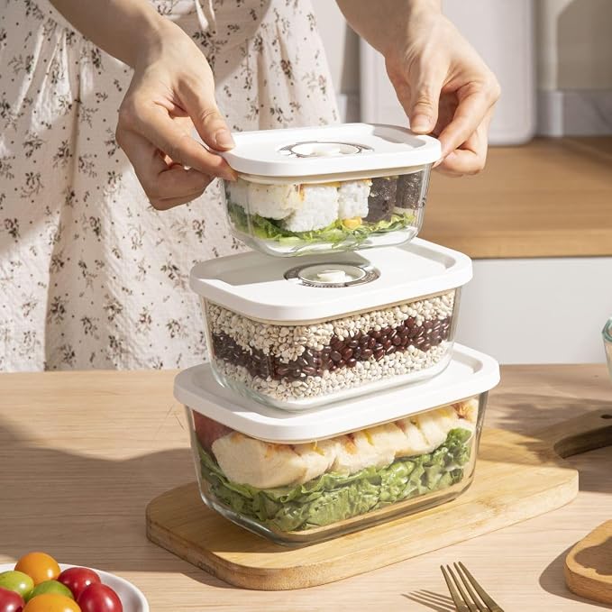 Glass Vacuum Seal Containers for Food Storage (3pcs set) | Works with most Handheld Vacuum Sealer