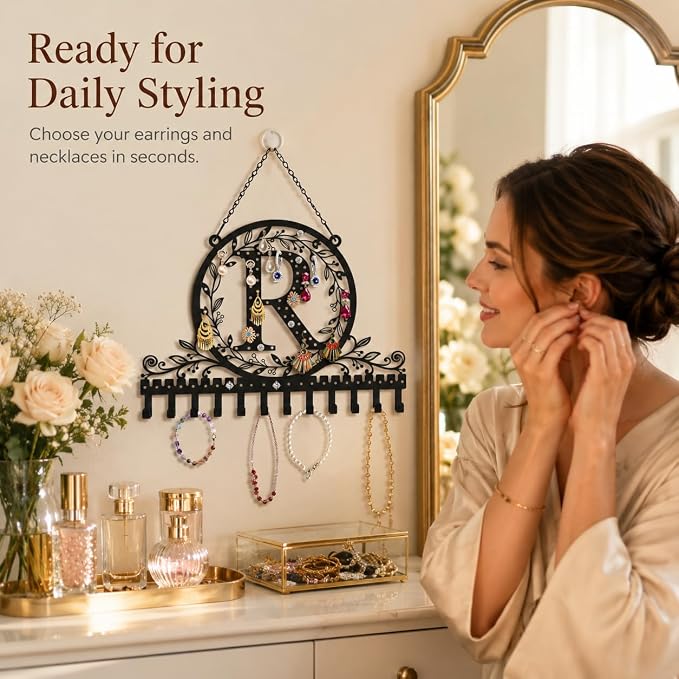 Personalized Wall Mounted Metal Initial Letter R Earring Holder Jewelry Organizer for Earrings and Necklaces Space Saving Wall Display with Hooks Jewelry Storage Bedroom Vanity Gift for Women