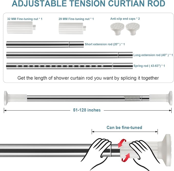 ZOCONE Tension Curtain Rod 51-128 Inch (4.25-10.5Ft), Shower Curtain Rod No Drilling for Bathroom, Outdoor Curtain Rods for Patio, Heavy Duty Long Tension Rod for Window, Stainless Steel