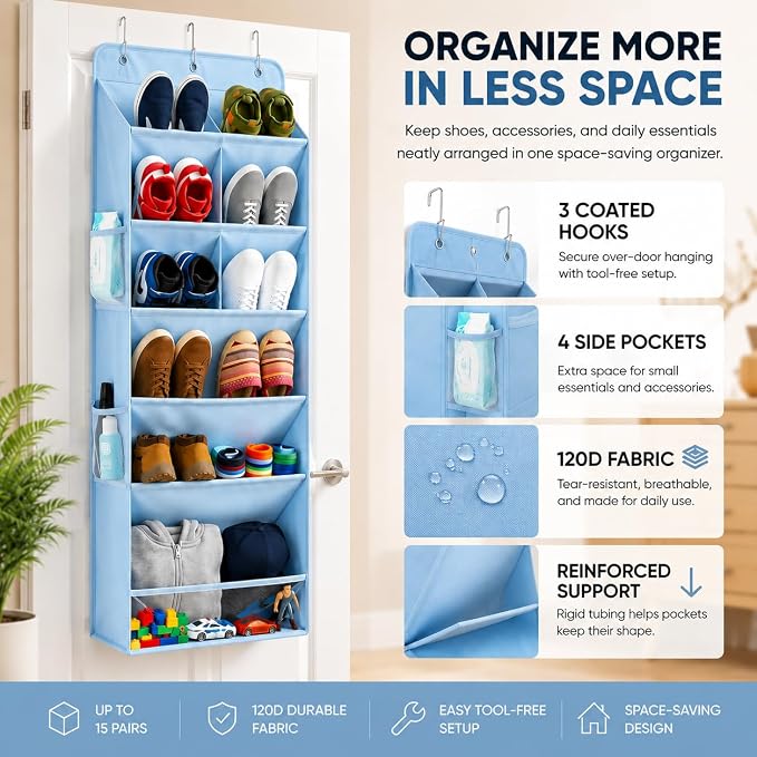 HOMELUX THEORY Hanging Shoe Organizer for Closet, 6 Tier Over the Door Shoe Organizer 120D Extra Thick with Deep Pockets, Shoe Rack for Closet & Entryway, with 4 Side Storage Pockets (Blue)