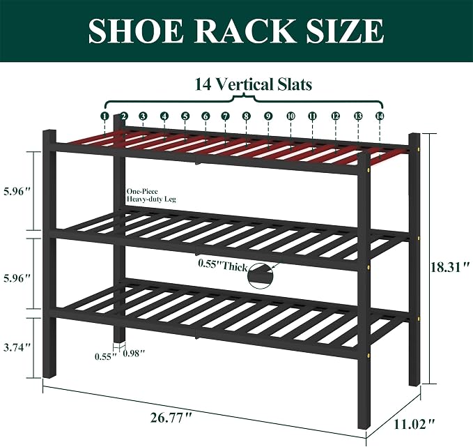Smiry Bamboo Shoe Rack for Closet, 3 Tier Wooden Shoe Organizer, Stackable Wood Shoe Storage Shelf for Entryway, 14 Vertical Slats, One-piece Heavy-Duty Legs, 26.77"x11.02"x18.31", Black