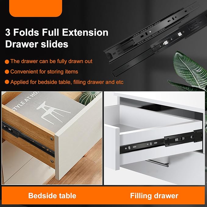 14 inch Drawer Slides 4 Pairs (8pcs) 3 fold Full Extension Side Mount Cabinet Drawer Glides 14" Black Cabinet Rails for Dresser, Cabinet, Kitchen,Trash Can, Wardrobe 100 LB Capacity