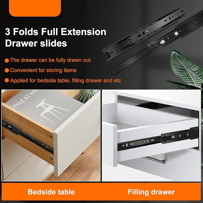20 inch Drawer Slides 4 Pairs (8pcs) 3 fold Full Extension Side Mount Cabinet Drawer Glides 20" Black Cabinet Rails for Dresser, Cabinet, Kitchen,Trash Can, Wardrobe 100 LB Capacity