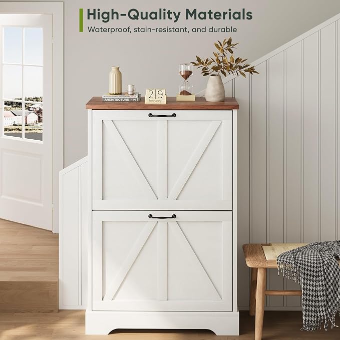 Smart FENDEE Shoe Cabinet, Shoe Storage Cabinet for Entryway with 2 Flip Drawers, Narrow Farmhouse Shoe Organizer Cabinet, Slim Shoe Rack Cabinet, White